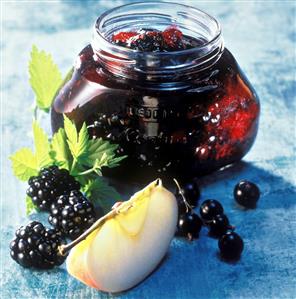 Three fruit jam with redcurrants, blackberries, apples