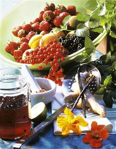 Still life with fruit, spices and jam