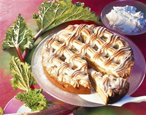 Marzipan rhubarb cake with meringue lattice