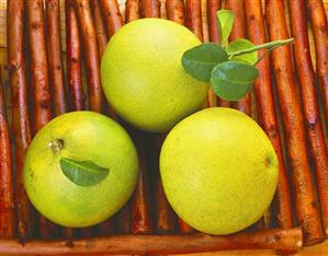 Three pomelos on wooden skewers