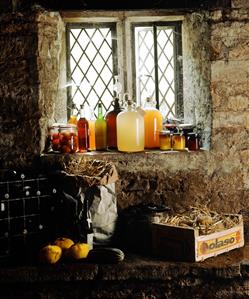 Bottled fruit, jams and wine in a cellar