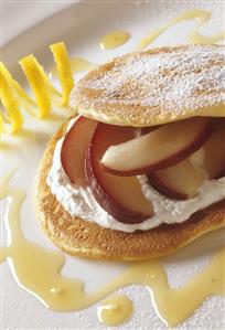 Lemon blini with ricotta and poached pears