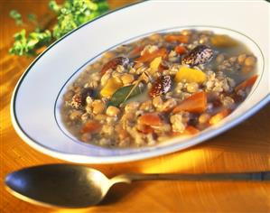 Barley soup with beans, carrots and chick peas