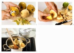 Peeling quinces, sprinkling with lemon juice and cooking