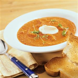 Pureed pepper soup with cress and toast