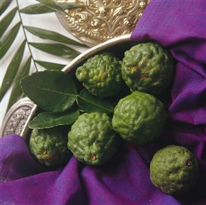 Kafir limes on purple cloth in a bowl