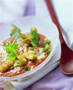 Gazpacho with croutons in white soup plate (2)