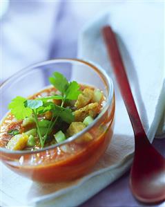 Gazpacho with croutons in a glass bowl