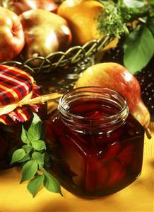 Elderberry and pear jelly with gin in jam jar