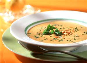 Kashmir soup with carrots, saffron and pine nuts