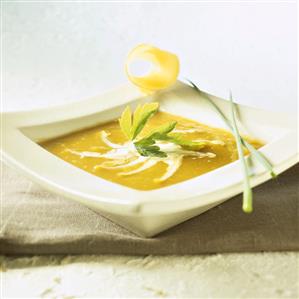 Carrot and celery soup in square soup plate