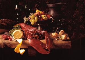 Still life with boiled lobster, fresh fruit and snails