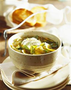 Courgette soup with courgette flowers and mozzarella