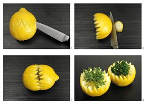 Carving lemon crowns, with herb garnish