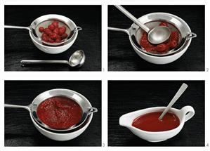 Making raspberry sauce: pushing through a sieve