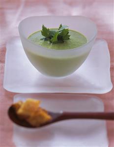 Creamed herb soup in bowl; garlic croutons on spoon (1)