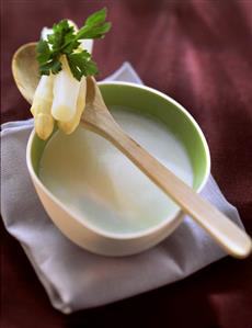 Cream of asparagus soup with asparagus on cooking spoon (2)