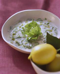 Endive soup with pecorino and basil oil; lemons