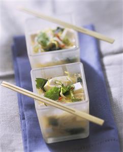 Japanese miso soup with vegetables, tofu and noodles