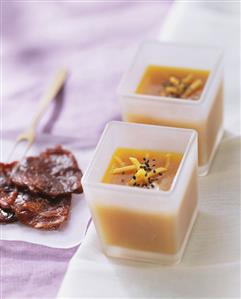 Papaya & melon soup with black sesame; beef fillet slices