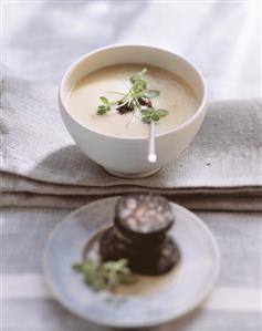 Potato soup with fried black pudding and prunes (1)