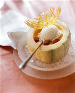 Melon soup, sour cream icecream, raspberries & sugar lattice (1