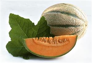 Charentais melon with melon slice and leaf