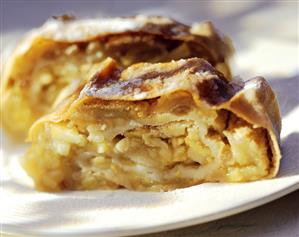 Apple strudel with icing sugar on white plate