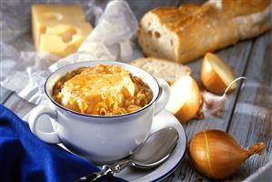 French onion soup, surrounded by ingredients