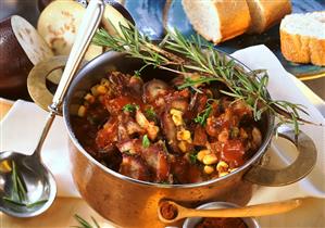 Spicy pork goulash with aubergines & sweetcorn in pot