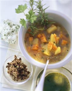 Vegetable soup with chopped olives, rosemary, herb mousse (1)