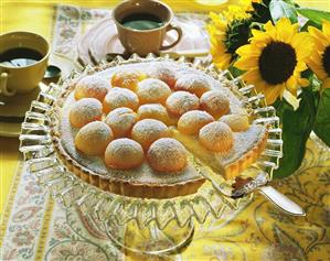 Cheesecake with apricots and icing sugar