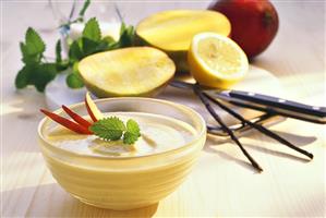 Mango quark in bowl; ingredients in background