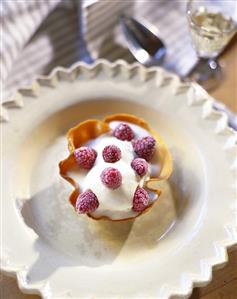 Iced raspberries on Grappa sabayon in wafer cases