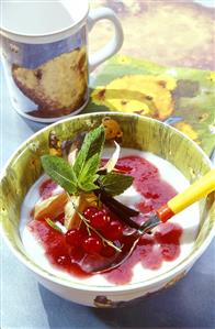 Quark with raspberry sauce and red currants