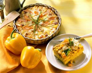 Potato and mango gratin and pepper and sweetcorn bake