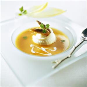 Carrot soup with sole and shrimps