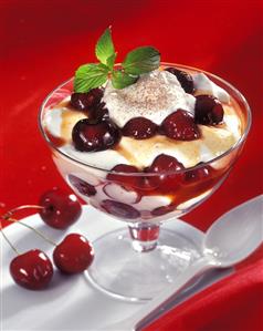 Cherry sundae with yoghurt mousse and cream