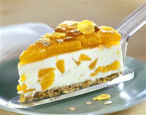 Piece of mandarin gateau with muesli on cake slice