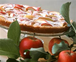 Apple and vanilla clafoutis on cake plate