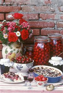 Cherry clafoutis, cherry compote and cherry jam