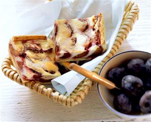 Plum cake with quark on tray; fresh plums