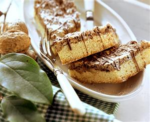 Walnut cake drizzled with chocolate; walnuts; nut leaves