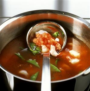 Preparing tomato soup with fish and shrimps