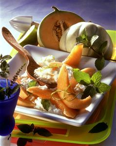 Coconut rice with sweet melon and fresh mint