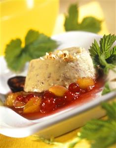 Almond pudding with mirabelle compote