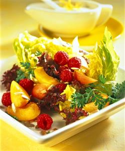 Lollo rosso with apricots, raspberries & sunflower seeds
