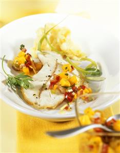 Pike-perch with mango relish and mashed potato