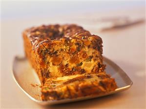 Fruit cake with drizzled with chocolate