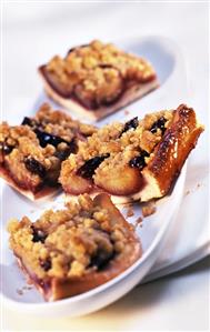 Plum crumble cake, cut into pieces